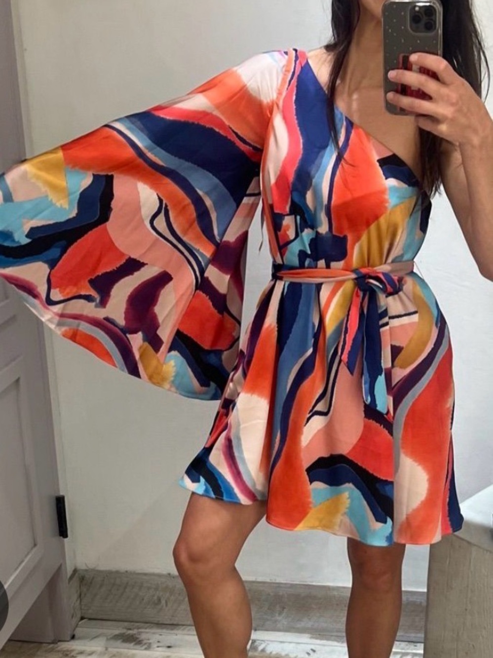 Anthropologie BHLDN one-shoulder satin mini dress. Bell sleeve. 2 pockets. M - Picture 2 of 11